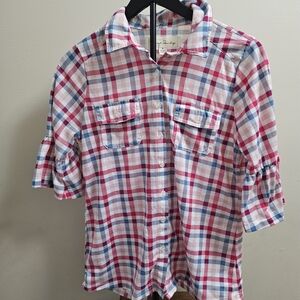French Laundry Plaid Button Down Shirt Bell Sleeve Pink Blue Medium
